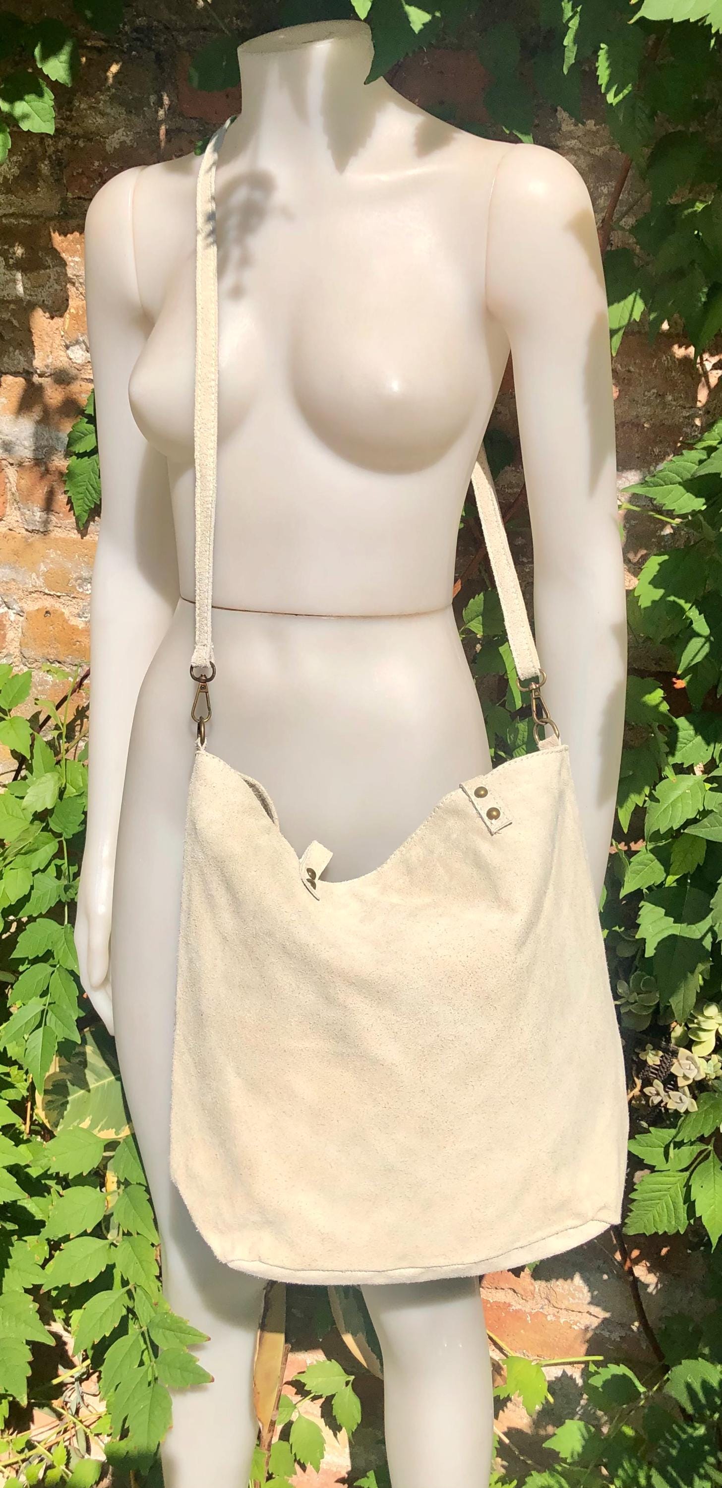 Cream white TOTE leather bag. Removable crossbody strap. Soft natural genuine suede leather bag with lining. Light beige laptop / tablet bag