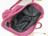 Raspberrry pink suede shopper bag. Slouchy genuine leather tote bag for your laptop, tablet, books. Pink suede purse / shoulder bag.