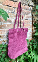 Raspberrry pink suede shopper bag. Slouchy genuine leather tote bag for your laptop, tablet, books. Pink suede purse / shoulder bag.