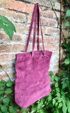 Raspberrry pink suede shopper bag. Slouchy genuine leather tote bag for your laptop, tablet, books. Pink suede purse / shoulder bag.