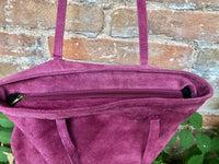 Raspberrry pink suede shopper bag. Slouchy genuine leather tote bag for your laptop, tablet, books. Pink suede purse / shoulder bag.