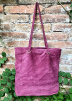 Raspberrry pink suede shopper bag. Slouchy genuine leather tote bag for your laptop, tablet, books. Pink suede purse / shoulder bag.