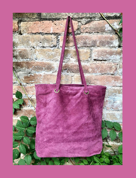 Raspberrry pink suede shopper bag. Slouchy genuine leather tote bag for your laptop, tablet, books. Pink suede purse / shoulder bag.