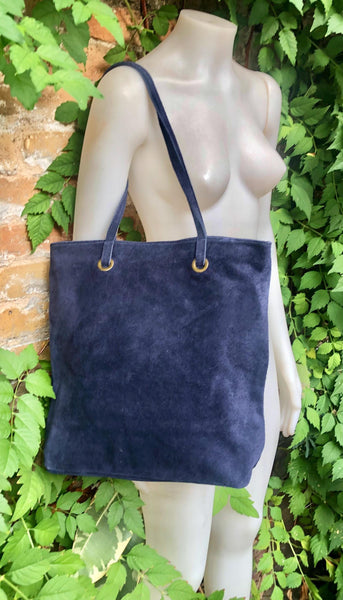Navy blue suede shopper bag. Slouchy genuine leather tote bag for your laptop, tablet, books. Dark blue suede purse / shoulder bag.