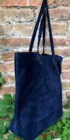Navy blue suede shopper bag. Slouchy genuine leather tote bag for your laptop, tablet, books. Dark blue suede purse / shoulder bag.