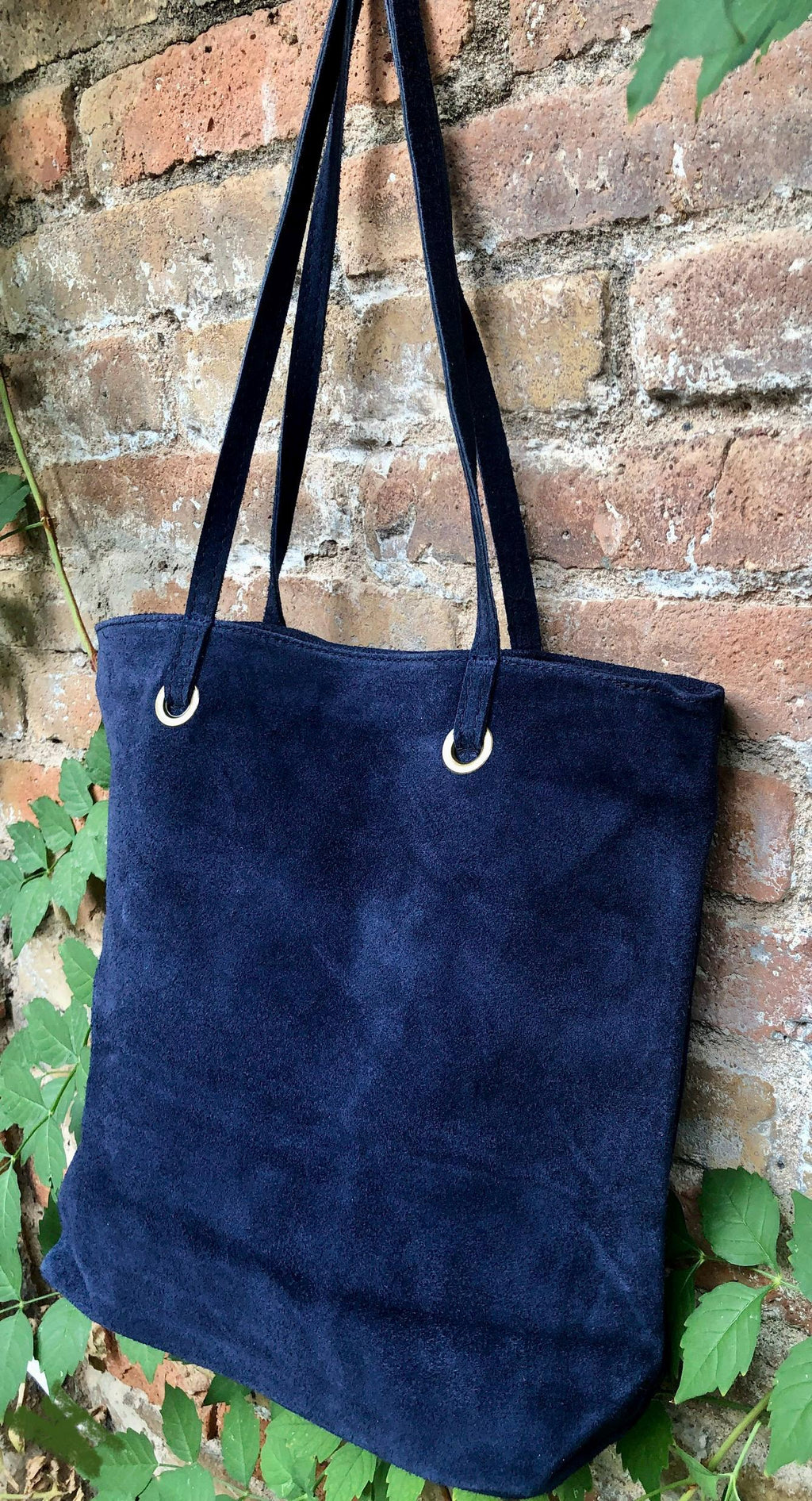Navy blue suede shopper bag. Slouchy genuine leather tote bag for your laptop, tablet, books. Dark blue suede purse / shoulder bag.