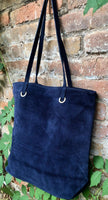 Navy blue suede shopper bag. Slouchy genuine leather tote bag for your laptop, tablet, books. Dark blue suede purse / shoulder bag.