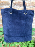 Navy blue suede shopper bag. Slouchy genuine leather tote bag for your laptop, tablet, books. Dark blue suede purse / shoulder bag.