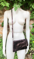 Small leather bag in dark metallic brown. Brown crossbody / bag in GENUINE leather. Dark glitter brown bag with adjustable strap and zipper
