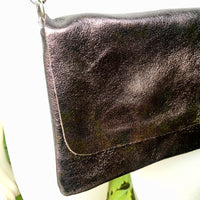 Small leather bag in dark metallic brown. Brown crossbody / bag in GENUINE leather. Dark glitter brown bag with adjustable strap and zipper