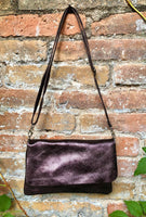 Small leather bag in dark metallic brown. Brown crossbody / bag in GENUINE leather. Dark glitter brown bag with adjustable strap and zipper