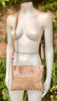 Crossbody bag. Taupe BROWN boho leather purse with bronze color tacks Genuine suede leather messenger bag. Light brown crossbody bag