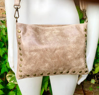 Crossbody bag. Taupe BROWN boho leather purse with bronze color tacks Genuine suede leather messenger bag. Light brown crossbody bag