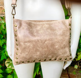 Crossbody bag. Taupe BROWN boho leather purse with bronze color tacks Genuine suede leather messenger bag. Light brown crossbody bag