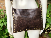 Crossbody bag. Dark BROWN boho leather purse with bronze color tacks. Genuine suede leather messenger bag. Chocolate brown crossbody bag