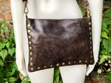 Crossbody bag. Dark BROWN boho leather purse with bronze color tacks. Genuine suede leather messenger bag. Chocolate brown crossbody bag