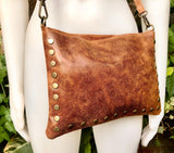 Crossbody bag. Camel BROWN boho leather purse with bronze color tacks. Genuine suede leather messenger bag. Rusty brown crossbody bag