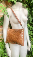 Crossbody bag. Camel BROWN boho leather purse with bronze color tacks. Genuine suede leather messenger bag. Rusty brown crossbody bag