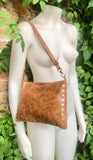 Crossbody bag. Camel BROWN boho leather purse with bronze color tacks. Genuine suede leather messenger bag. Rusty brown crossbody bag