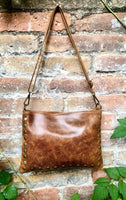 Crossbody bag. Camel BROWN boho leather purse with bronze color tacks. Genuine suede leather messenger bag. Rusty brown crossbody bag