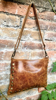 Crossbody bag. Camel BROWN boho leather purse with bronze color tacks. Genuine suede leather messenger bag. Rusty brown crossbody bag