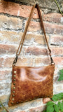 Crossbody bag. Camel BROWN boho leather purse with bronze color tacks. Genuine suede leather messenger bag. Rusty brown crossbody bag