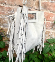 Cream beige crossbody fringed bag. BOHO suede leather bag with FRINGES. Light beige genuine suede leather. Broken white suede purse.