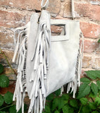 Cream beige crossbody fringed bag. BOHO suede leather bag with FRINGES. Light beige genuine suede leather. Broken white suede purse.