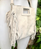 Cream beige crossbody fringed bag. BOHO suede leather bag with FRINGES. Light beige genuine suede leather. Broken white suede purse.