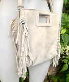Cream beige crossbody fringed bag. BOHO suede leather bag with FRINGES. Light beige genuine suede leather. Broken white suede purse.