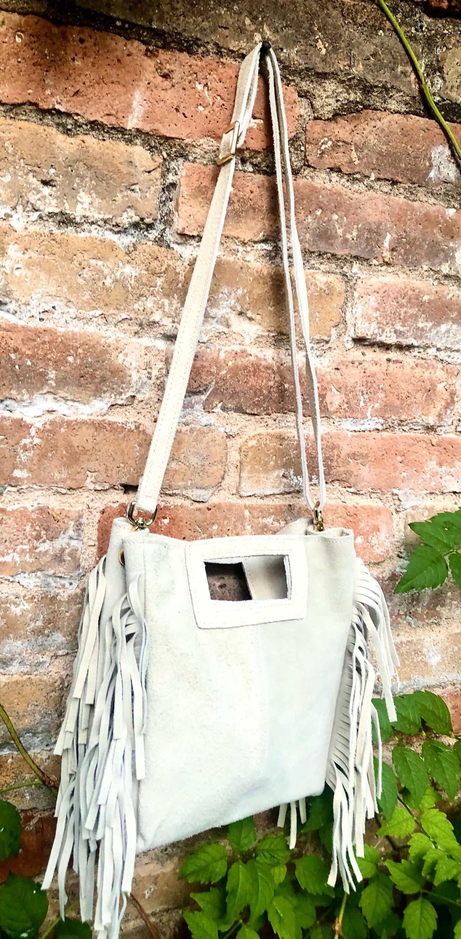 Cream beige crossbody fringed bag. BOHO suede leather bag with FRINGES. Light beige genuine suede leather. Broken white suede purse.