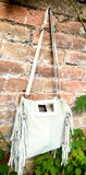 Cream beige crossbody fringed bag. BOHO suede leather bag with FRINGES. Light beige genuine suede leather. Broken white suede purse.