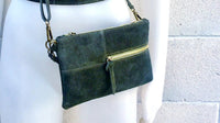 Suede leather bag in DARK GREEN. Crossbody /shoulder bag, in GENUINE leather. Small green suede purse with adjustable strap and zipper.