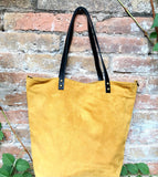 Large TOTE leather bag in MUSTARD yellow. Soft suede, genuine leather bag. Yellow suede bag. Laptop bag in suede. Large cross body bag