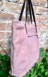 Dusty pink shoulder bag. Genuine suede leather. Pink suede purse with brown leather straps. Light pink suede bag.