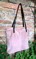 Dusty pink shoulder bag. Genuine suede leather. Pink suede purse with brown leather straps. Light pink suede bag.
