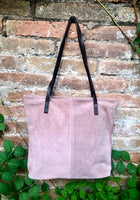 Dusty pink shoulder bag. Genuine suede leather. Pink suede purse with brown leather straps. Light pink suede bag.