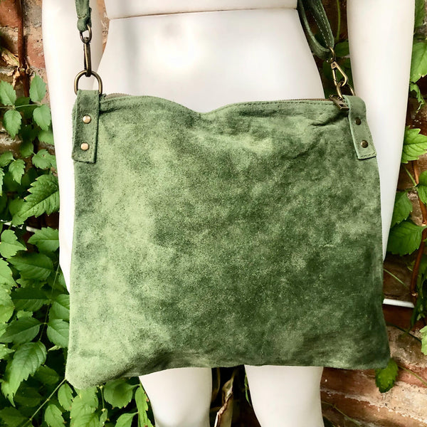 Cross body bag. Suede leather bag in dark moss GREEN. Messenger bag in soft genuine suede leather. GREEN crossbody bag for books, tablets.