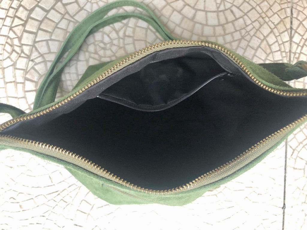 Cross body bag. Suede leather bag in dark moss GREEN. Messenger bag in soft genuine suede leather. GREEN crossbody bag for books, tablets.