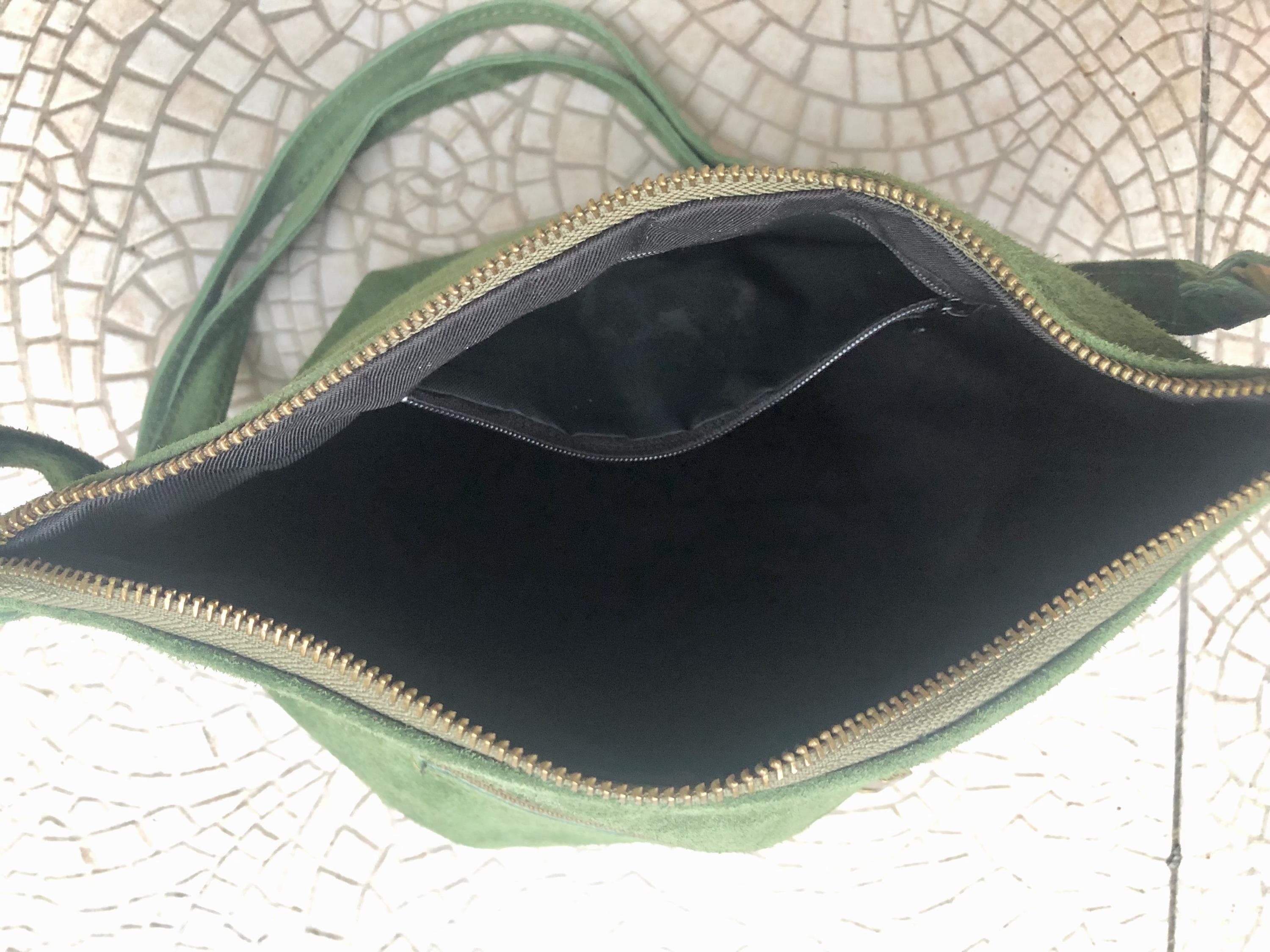 Cross body bag. Suede leather bag in dark moss GREEN. Messenger bag in soft genuine suede leather. GREEN crossbody bag for books, tablets.