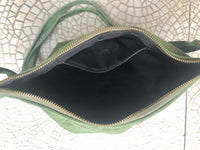 Cross body bag. Suede leather bag in dark moss GREEN. Messenger bag in soft genuine suede leather. GREEN crossbody bag for books, tablets.