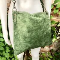 Cross body bag. Suede leather bag in dark moss GREEN. Messenger bag in soft genuine suede leather. GREEN crossbody bag for books, tablets.