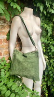 Cross body bag. Suede leather bag in dark moss GREEN. Messenger bag in soft genuine suede leather. GREEN crossbody bag for books, tablets.