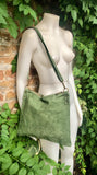 Cross body bag. Suede leather bag in dark moss GREEN. Messenger bag in soft genuine suede leather. GREEN crossbody bag for books, tablets.