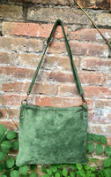 Cross body bag. Suede leather bag in dark moss GREEN. Messenger bag in soft genuine suede leather. GREEN crossbody bag for books, tablets.