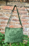 Cross body bag. Suede leather bag in dark moss GREEN. Messenger bag in soft genuine suede leather. GREEN crossbody bag for books, tablets.