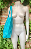Tote bag in turquoise genuine leather. Blue shopper bag to carry your tablet, laptop or books. Large shopper bag in light blue. Blue purse.
