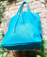 Tote bag in turquoise genuine leather. Blue shopper bag to carry your tablet, laptop or books. Large shopper bag in light blue. Blue purse.