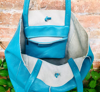 Tote bag in turquoise genuine leather. Blue shopper bag to carry your tablet, laptop or books. Large shopper bag in light blue. Blue purse.