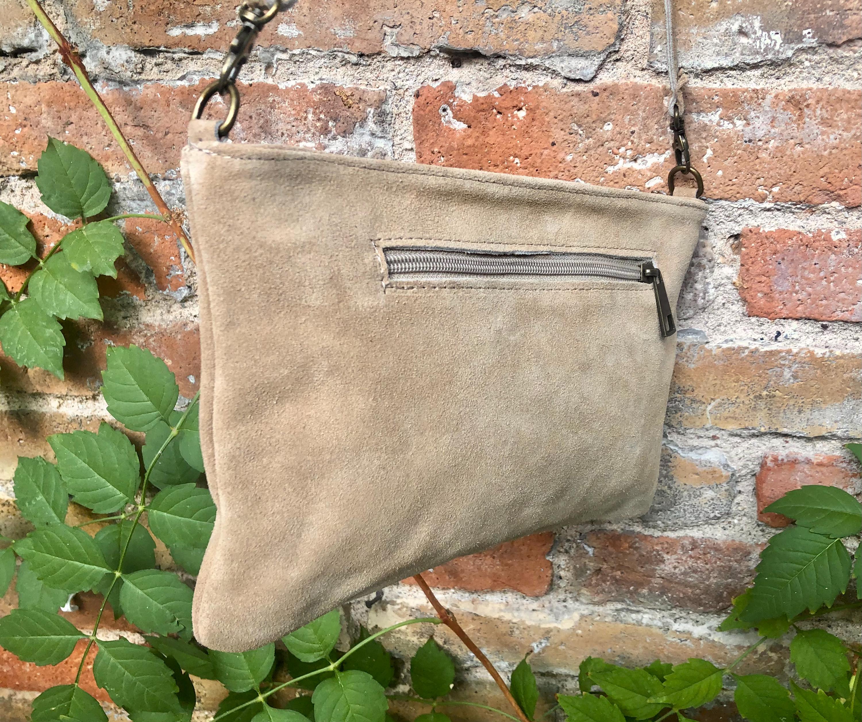 Crossbody bag. Camel beige boho suede leather purse with bronze color tacks Genuine suede leather messenger bag. Tan beige crossbody bag